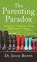 Text: "The Parenting Paradox: Loving Our Children by Giving Them Space to Grow." Verschiedene Gummistiefel in Reihe., Buch