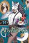 "Servant Beasts", "Q1", "Suzuka Morino". Wolf mit Tablett, bunte Flaschen, elegantes Outfit, Gemälde im Hintergrund., Buch