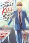 "Then Shall I Kill in Your Stead?" Junge in Schuluniform, blutiger Tisch, Manga-Stil, helle Farben, ernster Ausdruck.