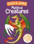 Text: "Sticker by Number. Mythical Creatures. Includes 10 posters, 700 stickers, and 10 coloring pages." Illustration eines Drachens., Buch