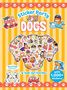 „Sticker Party DOGS“ in großen Buchstaben. Viele bunte Hunde-Aufkleber in einer Illustration., Buch