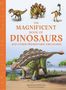 Buchtitel in Orange: "The Magnificent Book of Dinosaurs and Other Prehistoric Creatures". Dinosaurier-Illustrationen.