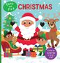 Text: "Peek and Pop Christmas. A pop-up surprise on every page!" Ein Weihnachtsmann mit Rentier, Elfen und Geschenken., Buch