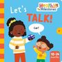 "Let's TALK!" und "Car!" in Sprechblase. Logo "Healthy Milestones". Illustration: Zwei Personen, eine hält ein Spielzeugauto. "18-24 months"., Buch