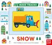 Text: "MAKE TRACKS", "SNOW", "With 5 sliders to push around the tracks!"  
Illustration eines blauen Schneepflugs auf gelbem Hintergrund., Buch
