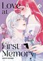 Der Text "Love at First Memory" ziert ein Cover mit zwei Figuren, eine mit roten, eine mit weißen Haaren, die Blumen halten., Buch