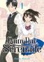 „Rainy Day Serenade“, Haruka Kawachi. Zwei Personen in Schuluniform, ein Haus im Hintergrund, sanfte Farben., Buch