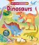Der Text "Lift the Flap Discovery! Dinosaurs. 75 Flaps to find" steht auf einer bunten Illustration mit Dinosauriern und Vulkan.