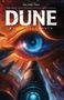 „Volume Two: Dune, House Harkonnen“. Eine futuristische, farbenprächtige Illustration mit riesigem, zentralem Auge und Raumschiffen., Buch
