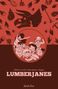 "Lumberjanes, Book Five, Watters, Leyh, Dozerdraws, Rogers" in hellem Text auf dunklem Hintergrund. Cartoonfiguren und Fossilien., Buch