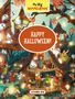 "Happy Halloween!" in orange. "My Big Wimmelbook" oben. Illustration von einem Baumhaus mit Geistern, Kürbissen und Menschen., Buch