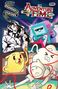 "QUADRUPLE FEATURE", "ADVENTURE TIME" in einem Comic-Stil. Figuren: Musiker, Hund, humanoide Wesen. Bunte, lebhafte Illustration., Buch