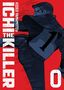 Texte: Hideo Yamamoto's Ichi the Killer 0. Illustration: Ein Mann in dunkler Kleidung tritt mit ausgestrecktem Bein., Buch
