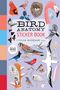 "BIRD ANATOMY STICKER BOOK" in großen Buchstaben, viele Vogelillustrationen, einige mit Details wie Nest oder Ei.