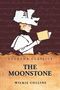 „Lushena Classics: The Moonstone, Wilkie Collins.“ Illustration: Frau im Hut liest ein Buch auf braunem Hintergrund.