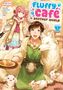 Der Text "Fluffy Café in Another World" ist in bunten Buchstaben. Mann mit Schürze und große Tiere, umgeben von niedlichen Wesen., Buch