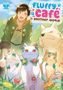 "MANGA 3" und "Fluffy Café in Another World." Ein Mann und niedliche, dekorierte Tiere in einem farbenfrohen Garten., Buch