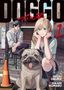 Text: „DOGGO 1“. Junge Frau lächelt neben einem Mops, junger Mann im Hintergrund. Illustration mit Baukegel., Buch