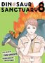 Oben steht "DINOSAUR SANCTUARY 8". Darunter eine lächelnde Person vor einem Dinosaurier mit orangefarbenen Platten., Buch