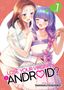 Text: "Does it count if you lose your virginity to an android?" Zwei Manga-Figuren, eng umschlungen, lächeln. Im Hintergrund Herzen., Buch
