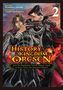 Titel: "History of the Kingdom of Orcsen". Comic-Stil. Ein elfischer Charakter neben einer Kreatur in Uniform., Buch