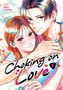 "Choking on Love" in stilisierter Schrift. Ein Manga-Pärchen in inniger Umarmung, pastellfarbener Hintergrund., Buch