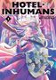 "Hotel Inhumans" und "Ao Tajima". Illustration: Person mit Gewehr, Blumenstrauß, fliegende Blütenblätter, lebendige Farben., Buch