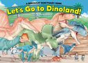 Eine bunte Gruppe von Dinosauriern, darunter verschiedene Arten. Zwei Kinder stehen am Boden und betrachten sie., Buch