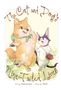 „The Cat and Dog's Nine-Tailed Lives“. Illustration mit fröhlichem Hund und Katze in fröhlicher Pose auf hellem Hintergrund., Buch