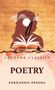 Text: "Lushena Classics, Poetry, Fernando Pessoa." Silhouette einer Figur mit Feder und Buch, Hintergrund in Braun- und Orangetönen., Buch