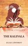 "LUSHENA CLASSICS, THE KALEVALA, ELIAS LÖNNROT. Illustration mit Buch, Feder, Silhouette und fliegenden Vögeln.", Buch