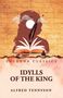 "Lushena Classics: Idylls of the King, Alfred Tennyson". Silhouette eines Ritters, geöffnetes Buch, Feder, Tintenfass., Buch