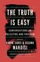Texte: "The Truth is Easy", "Conversations on Palestine and Freedom". Bearbeitet von Karim, Saree & Ussama Makdisi. Roter Hintergrund, schwarzer Pinselstrich.