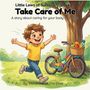 Text: "Little Laws of Success — Book 15. Take Care of Me. A story about caring for your body and mind. By: Vibrations Of The Ether."

Ein fröhlicher Junge läuft mit ausgebreiteten Armen neben einem Baum und einem bunt bemalten Fahrrad mit Obstkorb., Buch