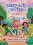 „Namaste 'N Play: A How-To Yoga Adventure For Little Yogis“. Drei Kinder und ein Hund üben Yoga in einer bunten Landschaft., Buch