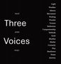 „Three Voices“ steht zentral. Rechts: Light, Weather, Silence, Movement, bis Journey. Schwarzer Hintergrund., Buch