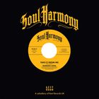 Text: „Soul Harmony“, „Take It From Me“, „Barbara Long“. Illustration eines Schallplattenlabels in Gelb und Schwarz.