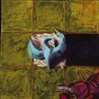 Illustration eines blauen Origami-Schwanes auf quadratisch geteiltem, grün-gelbem und schwarzem Hintergrund mit roten Linien.