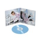 Eine aufklappbare Hülle mit futuristischem Design, darin eine Person in lilafarbenem Anzug, umgeben von Kabeln. Eine blaue Schallplatte liegt davor.