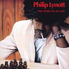 Text: "Philip Lynott, The Story of My Life". Illustration eines Mannes mit Afro und Zigarette beim Schachspiel.