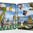 "UND JETZ..." steht auf einem Heißluftballon. Surreale Collage mit Drachen, Figuren, einer riesigen Hand und einem "Sex Shop".