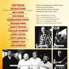 Textliste mit Musikern und Instrumenten, Tonstudio-Infos, dazu vier Schwarzweißfotos von Musikern mit Gitarren und Schlagzeug.