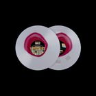 Zwei durchscheinende Schallplatten mit violettem Zentrum, Text: "GIGANTIC PARASITE", "TONGUE", technische Grafik.