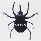 Text: "SAOSIN". Ein schwarzer Käfer mit großen Hörnern auf weißem Hintergrund.