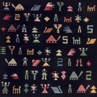 Bunte geometrische Figuren und Symbole, darunter Zahlen, Tiere und Menschenformen auf dunklem Hintergrund.