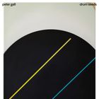 Text oben: "peter gall", "drum seeds". Abstrakte Illustration mit schwarzen Kreisbogen, gelber und blauer Diagonale.