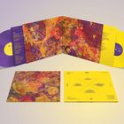 Zwei farbige Schallplatten, eine lila und eine gelb, mit buntem Coverdesign und gelbem Tracklist-Inlay.