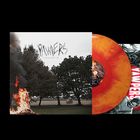 "The Yawpers", "Human Question". Vordergrund mit brennenden Bäumen. Orangefarbene Schallplatte teils sichtbar.