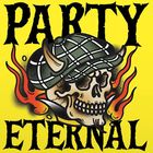 Text: "PARTY ETERNAL". Illustration eines Schädels mit Wikingerhelm, umgeben von Flammen auf gelbem Hintergrund.