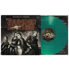 Text: "THUNDER MOTHER", "MOTHERS OF THUNDER". Retro-Design mit vier Frauen in Lederkleidung, Blitzhintergrund und grüne Vinylplatte.